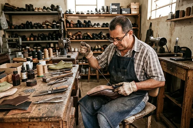 Reforma de sapato social em processo por profissional em Lavras.