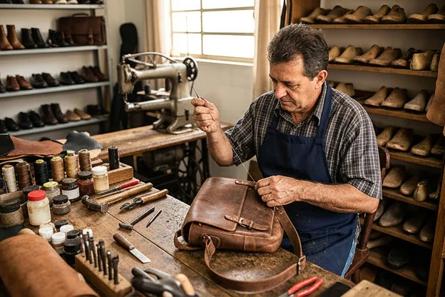 Reforma de bolsa de couro sendo realizada em Lavras.